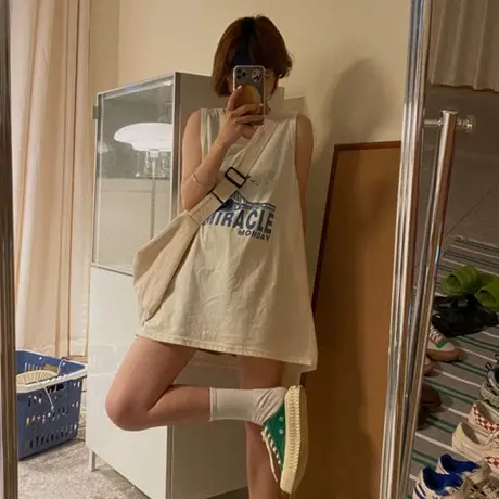 纯棉吊带运动坎肩背心无袖t恤女夏季设计感小众外穿宽松挂脖上衣商品大图