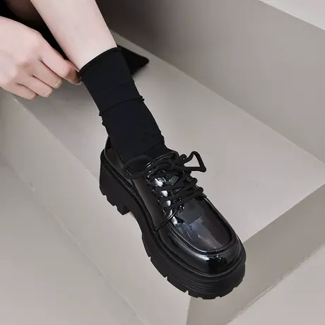 法式英伦风小皮鞋女2024新款百搭单鞋系带厚底复古粗跟黑色乐福鞋商品大图
