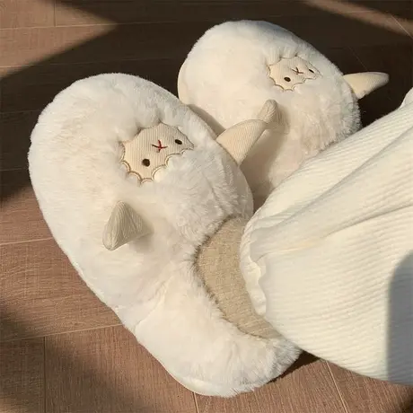 白色毛毛拖鞋女款秋冬季外穿软底防滑毛毛绒保暖厚底包跟棉拖鞋女商品大图