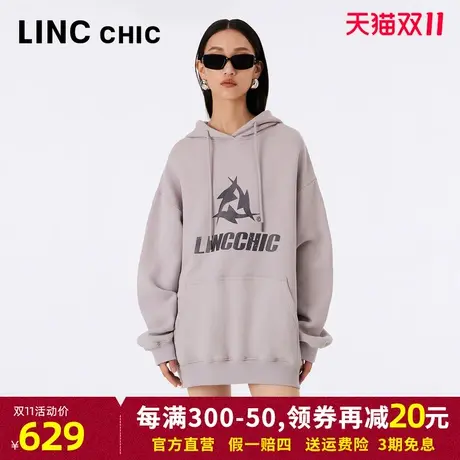 LINCCHIC金羽杰连帽卫衣女2023秋新款OVERSIZE宽松中长款拉绒外套图片