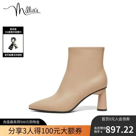 millie's妙丽冬新款牛皮尖头时尚粗跟女时装瘦瘦短靴60301DD2商品大图