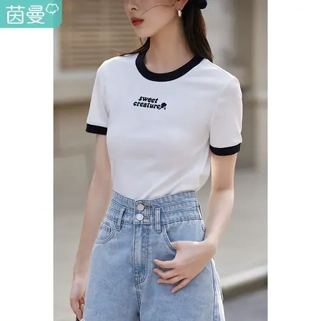 茵曼趣味绣花T恤女士2022夏季新款宽松圆领套头气质休闲撞边上衣商品大图