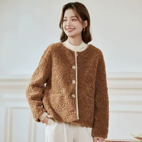 茵曼气质羊羔毛短款外套女装2023年冬季新款百搭纯色毛绒长袖上衣图片