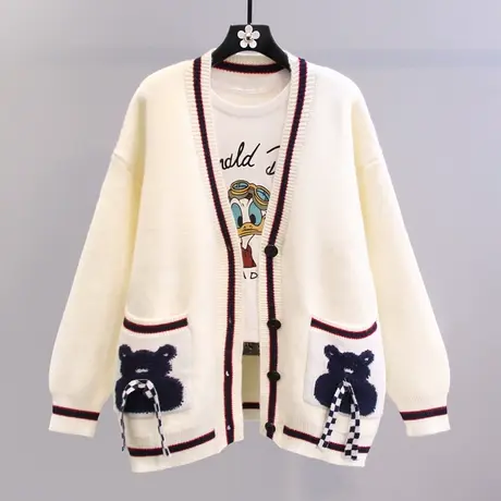 日系卡通小熊毛衣外套女秋冬2023新款宽松学院风洋气减龄针织开衫图片