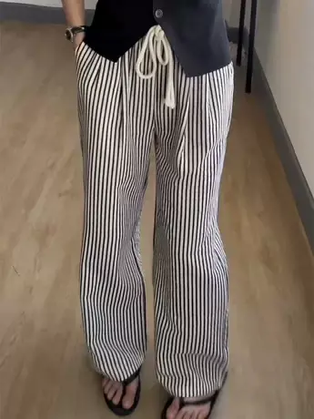 2023夏季新款高级感竖条纹阔腿裤女学生松紧高腰宽松显瘦直筒裤潮商品大图