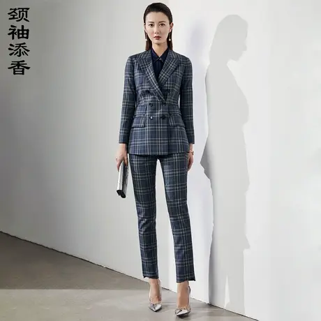 颈袖添香2023春季新款时尚职场气质OL装格纹修身小西装套装图片