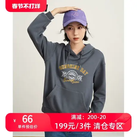 TOYOUTH初语连帽加绒卫衣女冬季新款复古宽松休闲落肩上衣商品大图