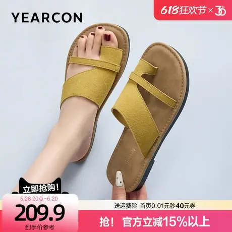 意尔康夹趾真皮拖鞋女外穿夏季2025新款通勤配裙子平底沙滩凉拖鞋商品大图