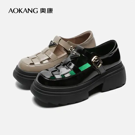 【门店发货】奥康女鞋 春季新款时尚编织鞋面乐福鞋厚底猪笼鞋图片