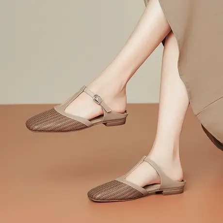 夏季新款真皮法式包头拖鞋女舒适软皮软底牛皮粗低跟百搭时尚女鞋商品大图