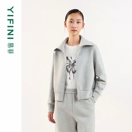 [专柜同款]Yifini/易菲大翻领双头拉链宽松短款针织简约百搭外套图片