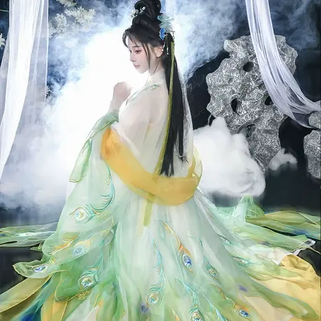 【如梦霓裳丨雀翎】唐制原创汉服女夏诃子裙孔雀翎绣花大袖衫国风图片