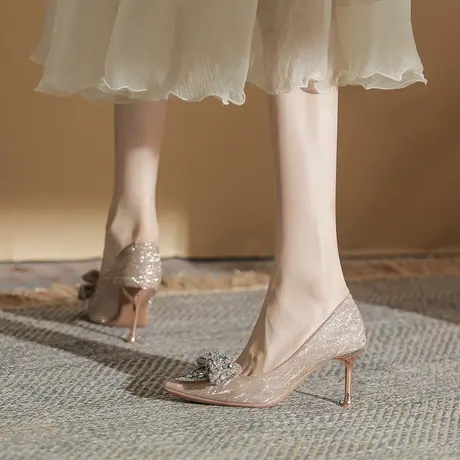 法式婚鞋高跟鞋女2023年新款新娘鞋不累脚伴娘水晶鞋尖头细跟单鞋商品大图