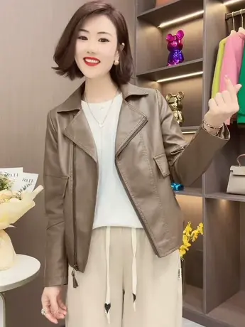 春季韩版修身皮衣女2023新款纯色拉链设计款小外套显瘦显气质潮款图片