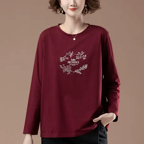 长袖t恤女春秋纯棉加肥加大码女装宽松中年胖妈妈刺绣显瘦打底衫商品大图