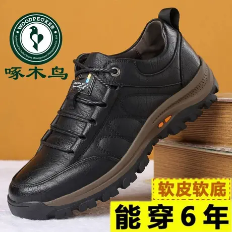 啄木鸟男鞋户外运动休闲登山鞋冬季加绒高帮棉鞋真皮爸爸皮鞋男款商品大图