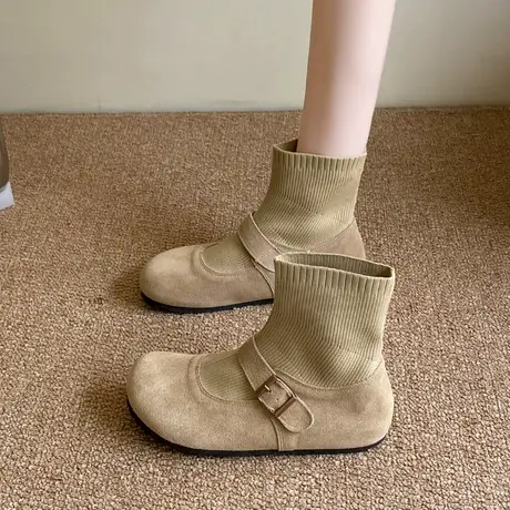 法式复古短靴女2025年新款秋季配裙子百搭平底靴子高级气质瘦瘦靴商品大图