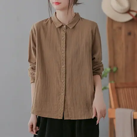 dza 复古刺绣polo领长袖衬衣女春秋宽松显瘦上衣休闲百搭短款衬衫图片