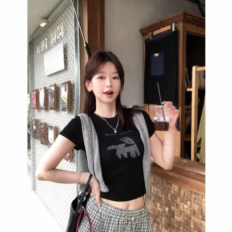 圆领趣味小猫短款印花t恤女2025新款夏季修身显瘦短袖超好看上衣商品大图