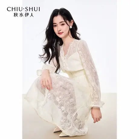 秋水伊人简约v领拼接花边连衣裙2025秋季新款优雅显瘦A字中长裙图片