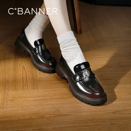 千百度漆皮厚底乐福鞋女百搭气质新款增高轻便黑色小皮鞋深口单鞋图片