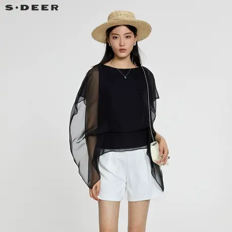 sdeer圣迪奥女装简约圆领雪纺不规则衬衫S23280404商品大图