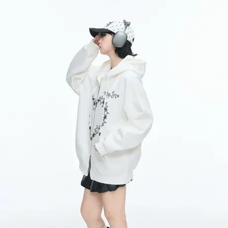 YEP美式创意印花拉链开衫连帽卫衣外套女春秋新款宽松情侣款上衣图片