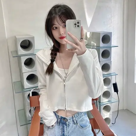 超火cec连帽开衫卫衣女春秋薄款2023年新款拉链短款上衣外套潮ins图片