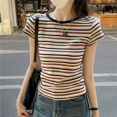 美式复古条纹短袖T恤女遮肚子正肩2025夏季修身辣妹打底上衣商品大图