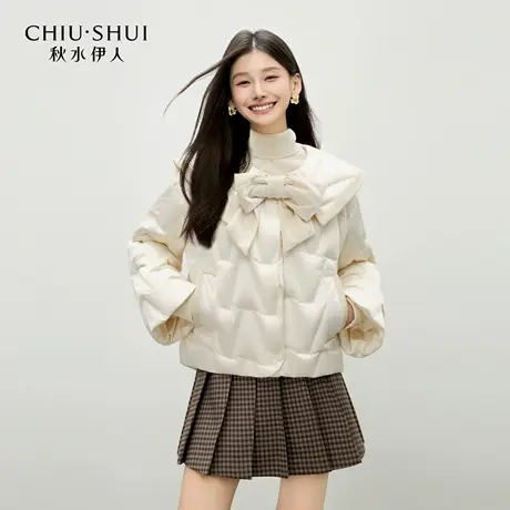秋水伊人复古俏皮蝴蝶结羽绒服2025年冬季新款时尚甜美大翻领外套图片