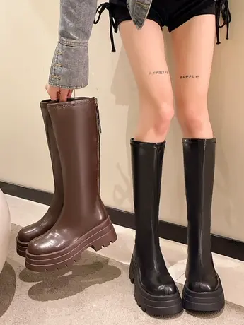 复古小个子厚底增高长筒马丁靴女2023新款秋冬胖mm圆头显瘦骑士靴图片