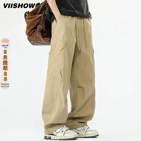 VIISHOW美式街头褶皱设计运动裤男潮牌宽松工装长裤透气休闲裤子商品大图
