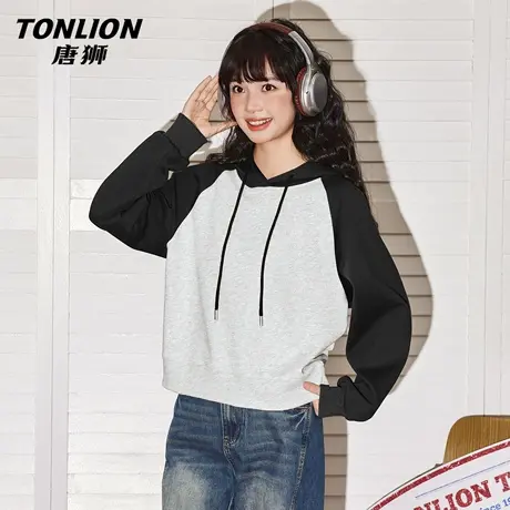 唐狮官方短款撞色插肩卫衣外套女2026新款春秋款女士连帽上衣女VB商品大图