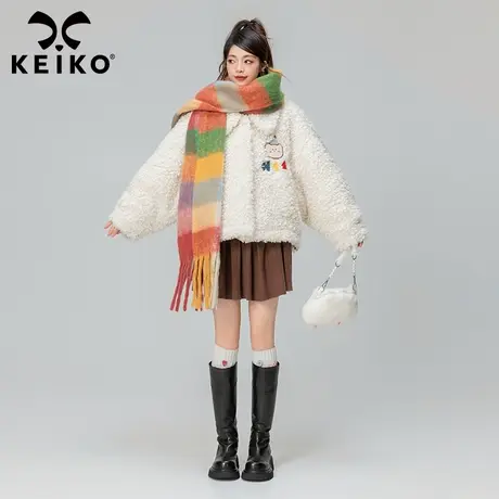 KEIKO 绣花羊羔毛短外套棉服女绗缝夹棉23冬季宽松显瘦羊圈绒大衣商品大图