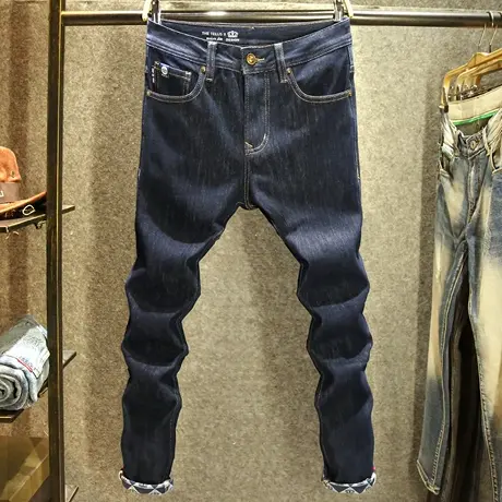 秋冬款九分牛仔裤男潮牌百搭小直筒裤子深蓝色普洗时尚原牛9分裤商品大图