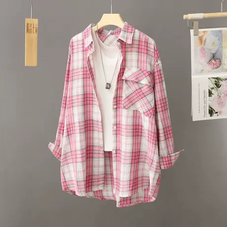 设计感小众长袖衬衣女秋季复古格子衬衫外套宽松休闲polo衫上衣潮商品大图