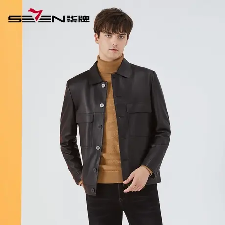 【绵羊皮】柒牌皮衣外套男2022秋冬新款商务休闲黑色翻领真皮夹克图片