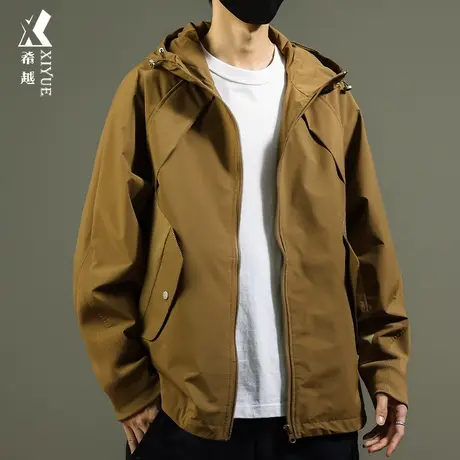 希越户外防风夹克男士秋冬宽松大码连帽登山服卡其色冲锋衣外套男商品大图