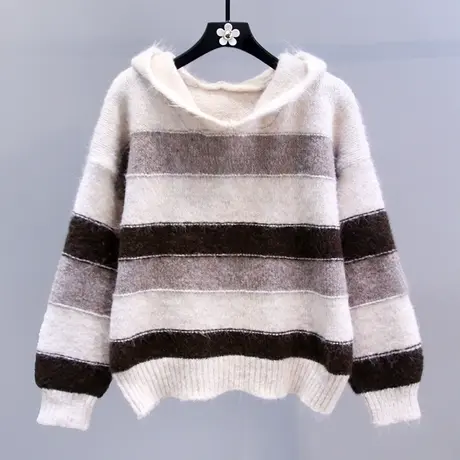 日系复古慵懒风条纹连帽毛衣女秋冬2023新款宽松休闲外搭针织上衣商品大图