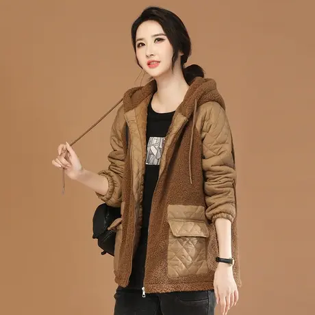 新品8.5折】复古中长款连帽羊羔毛夹棉外套女棉衣棉服厚商品大图