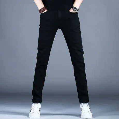 新款秋季男士牛仔裤子简约黑色修身百搭小脚裤2023棉弹厚款男潮牌商品大图