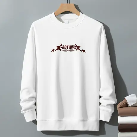 350g重磅白色卫衣男秋冬款加绒保暖圆领无帽上衣服摇粒绒长袖t恤商品大图