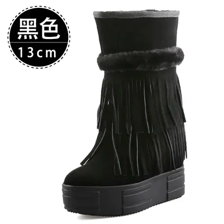 断码鞋 雪地靴女厚底中筒真皮个性坡跟流苏棉靴不过膝冬季真皮图片