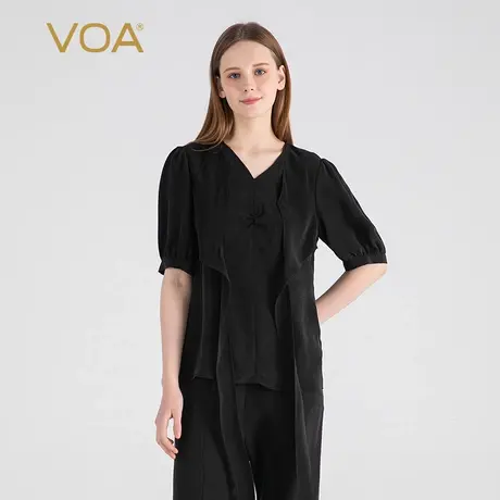 VOA炭黑色30姆米重磅桑蚕丝V领灯笼短袖立体活页装饰真丝T恤衫图片