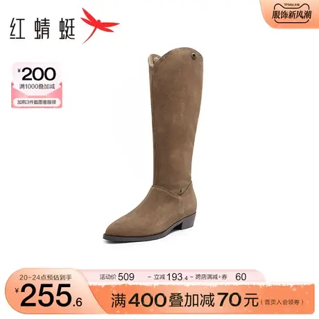 红蜻蜓西部牛仔靴秋冬季新款女鞋复古尖头高筒靴套筒显瘦堆堆靴图片