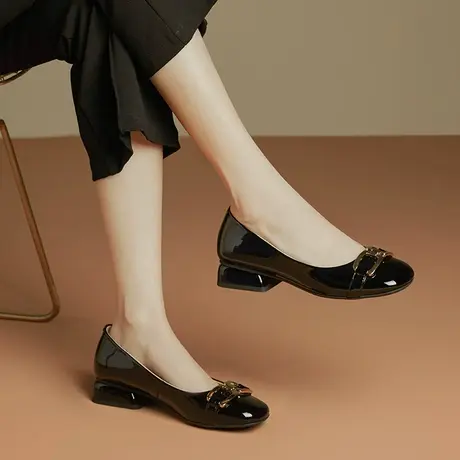 低跟单鞋女圆头春季手工真皮女鞋休闲通勤两穿百搭软皮牛筋底防滑商品大图