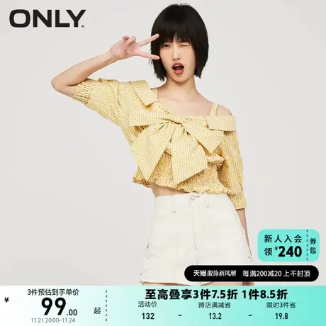 ONLY奥莱夏季一字肩蝴蝶结装饰松紧收腰雪纺衫女商品大图