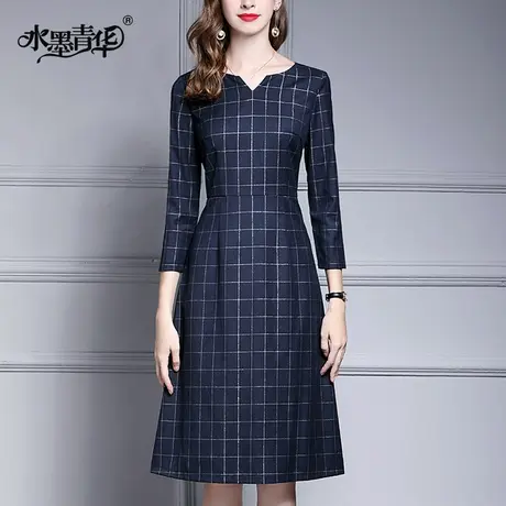 【1件7.9折】冬季新品简约修身A字裙气质优雅收腰格子提花连衣裙商品大图