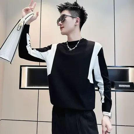 秋冬个性撞色毛衣男ins潮牌套头长袖针织衫上衣潮流痞帅内搭线衣商品大图