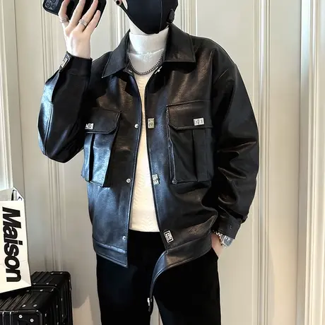 秋季爆款美式工装皮衣外套男小众潮流休闲男装骑行皮衣夹克机车服商品大图